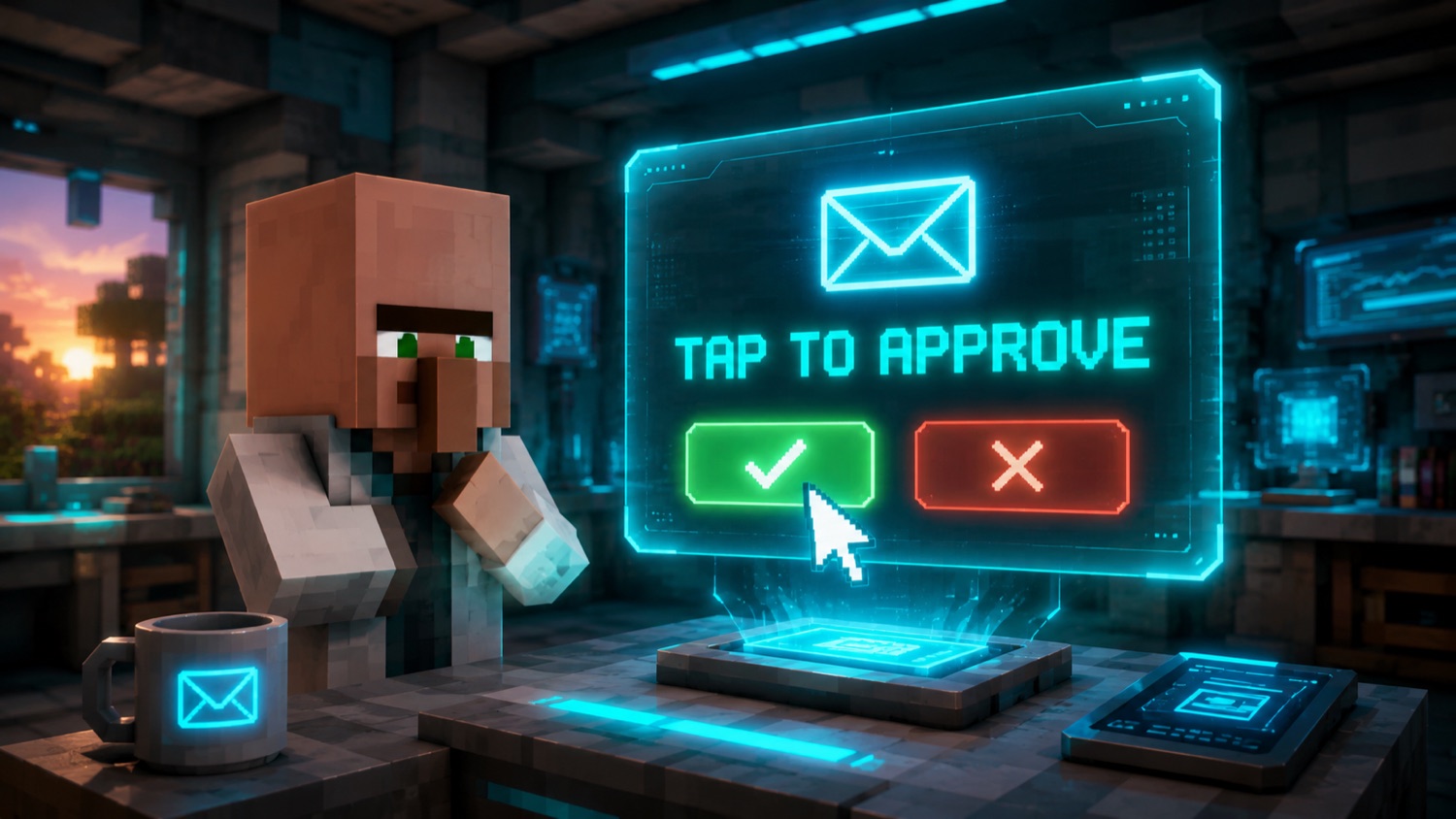 A tap-to-approve gate hovering over a villager about to send an email