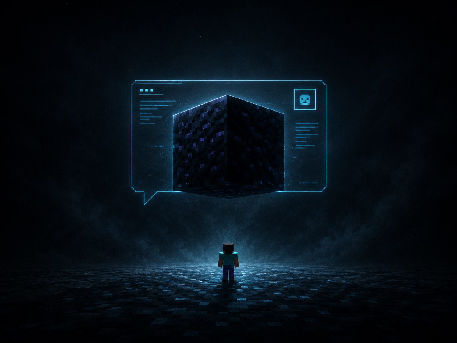 A lone player facing a single floating black box in the dark