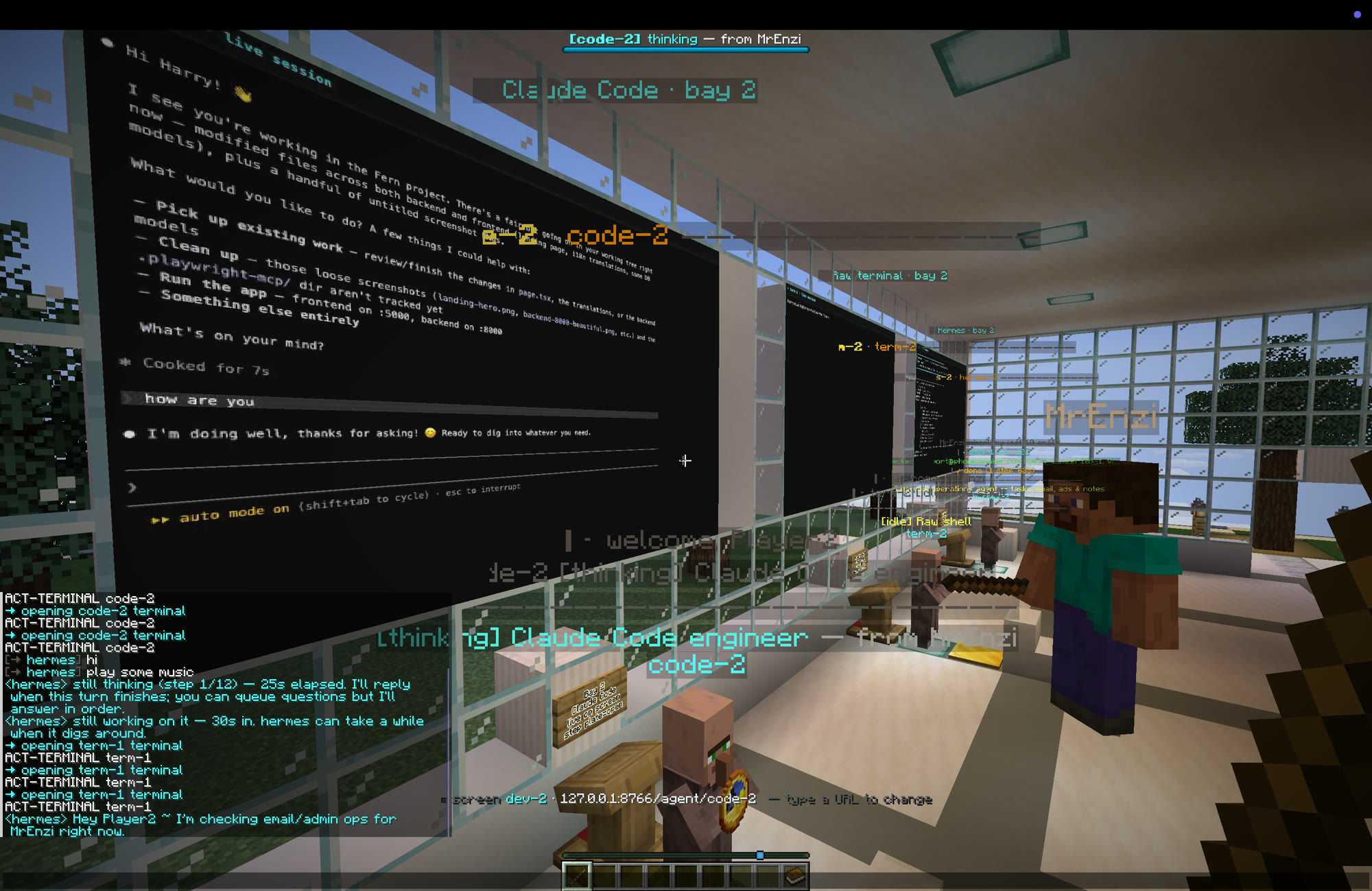 An AI agent editing the shared project live on a giant wall screen inside Minecraft