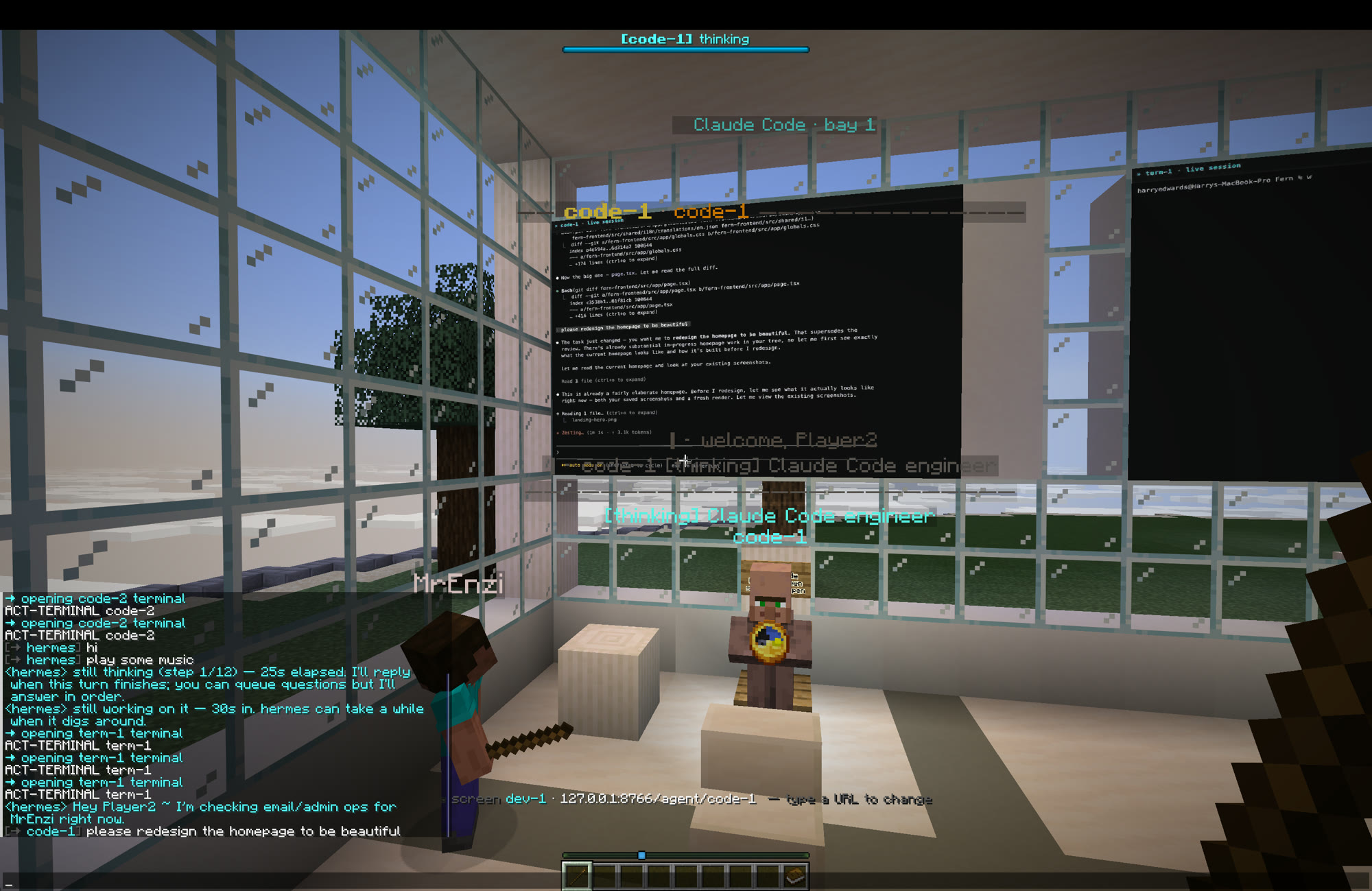 A bright glass office inside Minecraft with multiple live terminal and code screens, driven by one shared computer