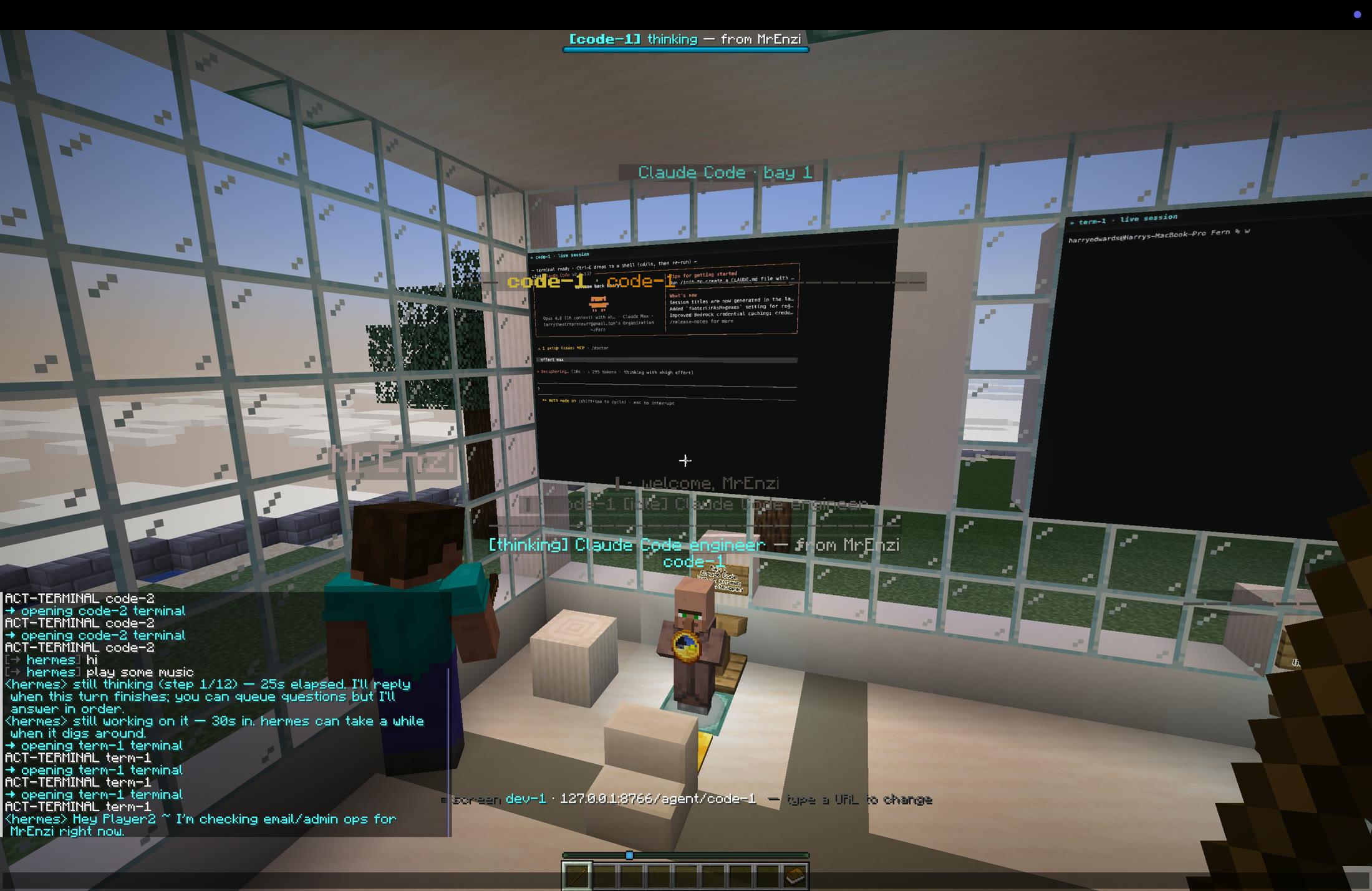 A bright glass office inside Minecraft, live code screens on the walls — the team's one shared computer