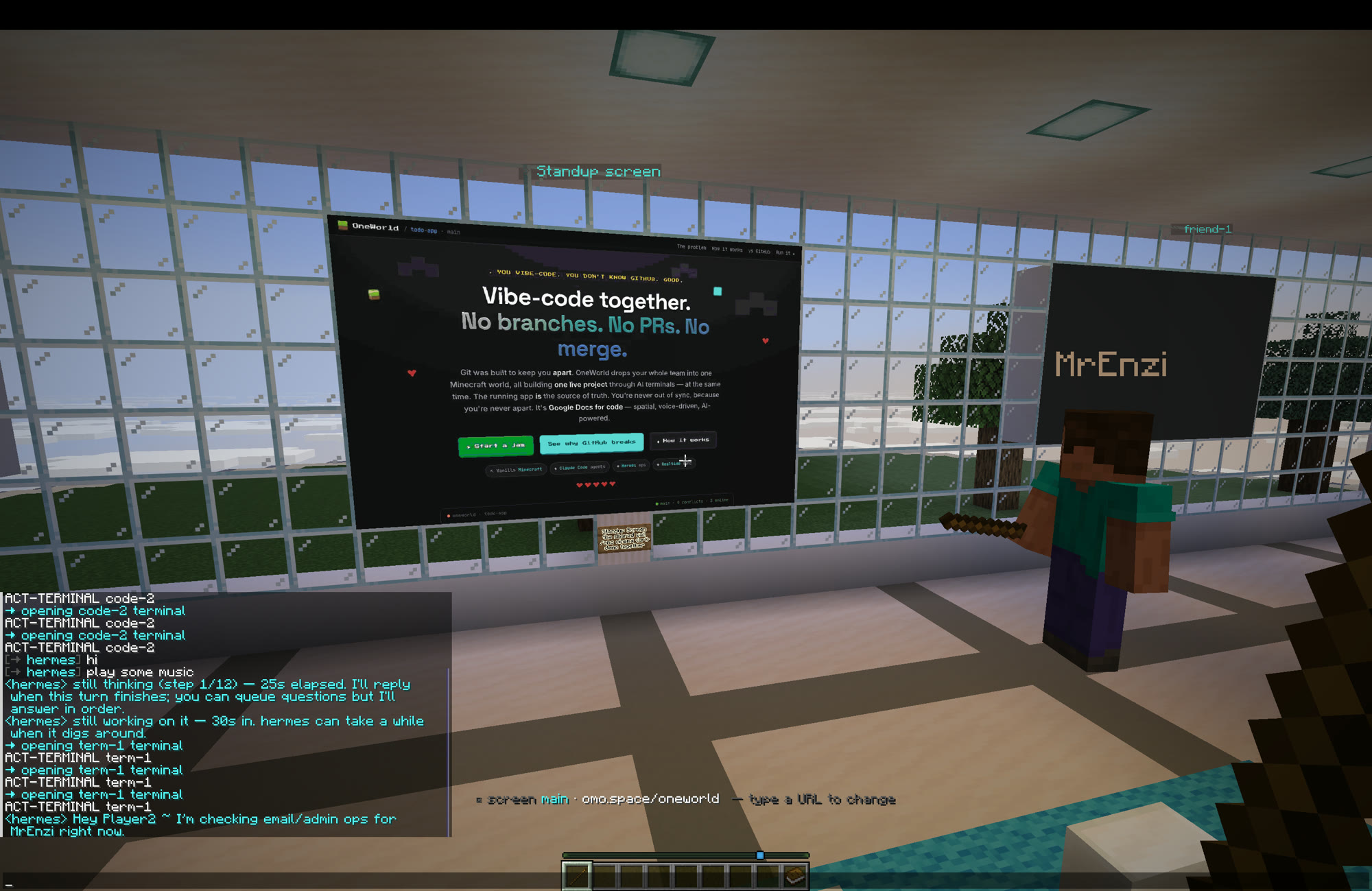 The AgentJam landing page running live on a wall screen inside the shared Minecraft world